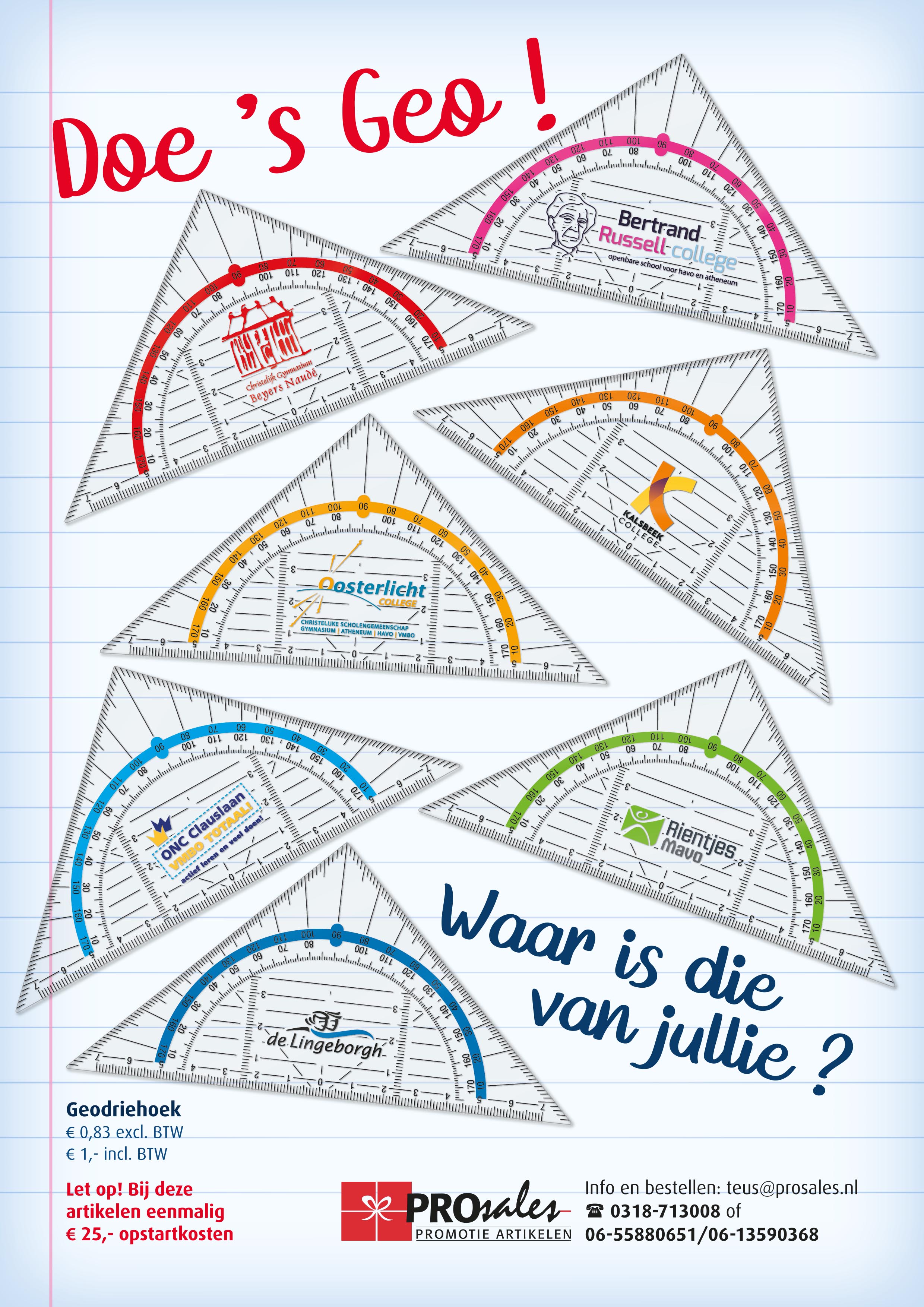 Geodriehoeken in eigen schoolopmaak